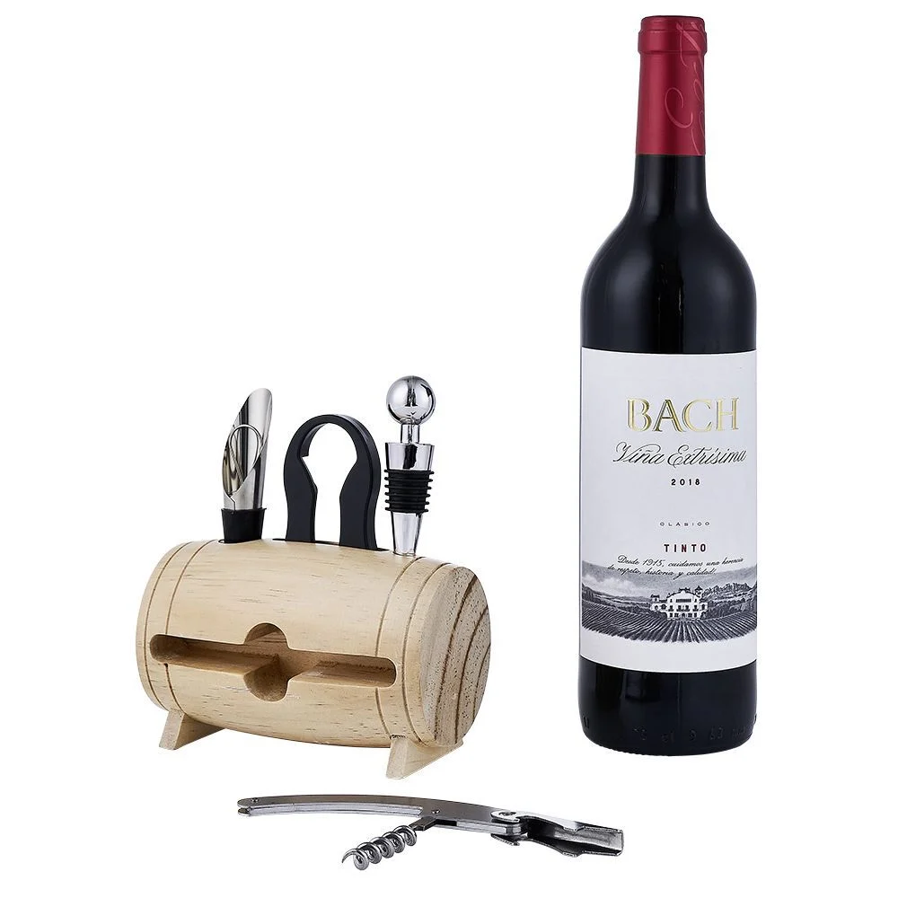 Set 4 accessoires à vin dans tonneau en bois