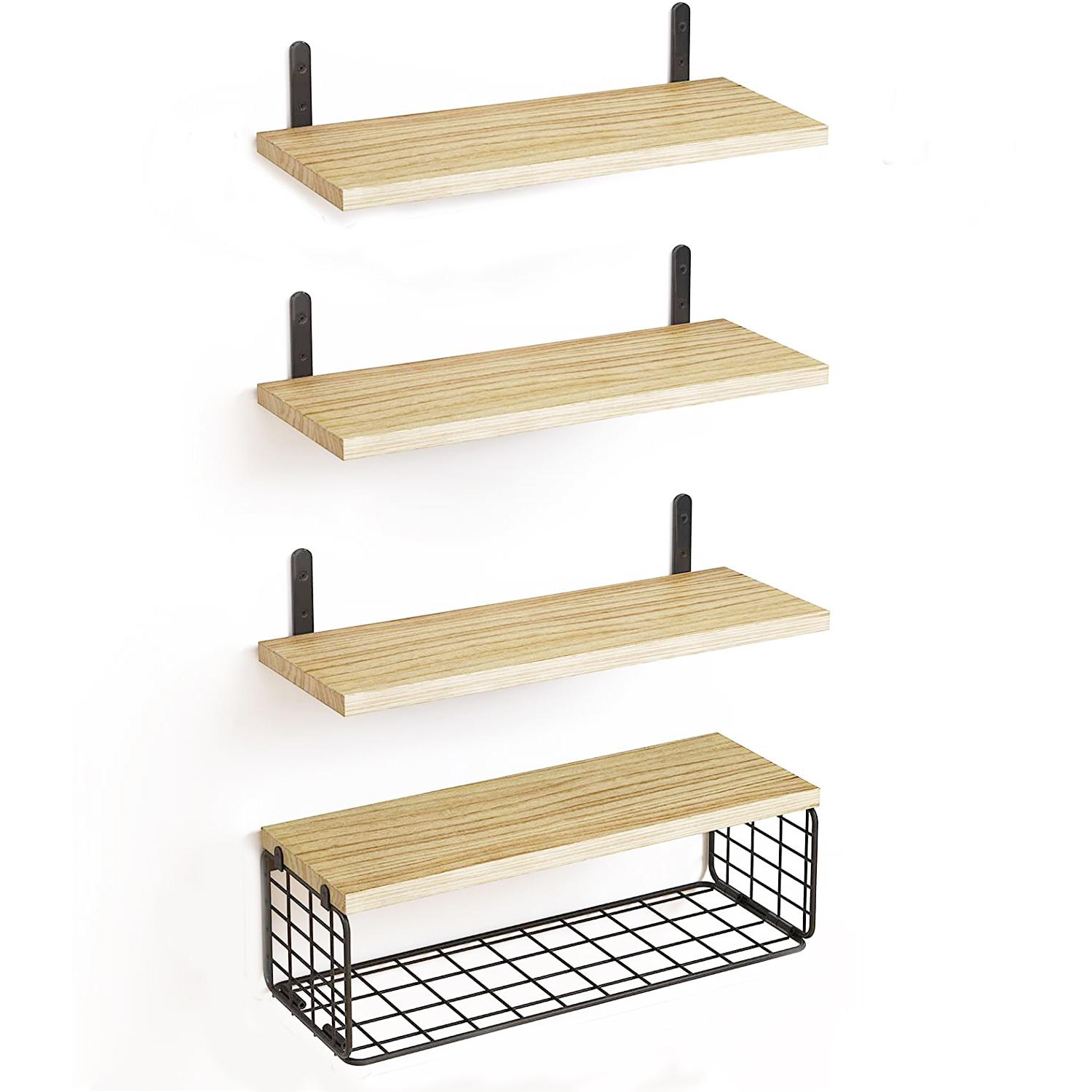 Industrial Holz Wandregal Loft Home Deko Schwebendes Regal mit 4 Ebenen   Gitter Fach - Braun / Schwarz