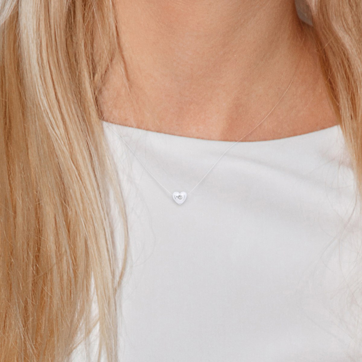 Collier COEUR Diamant 0,030 Cts Nylon Transparent Argent 925