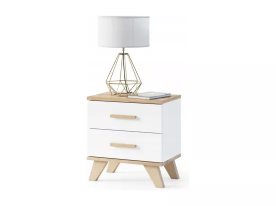 BERGEN table de chevet scandinave 45 cm sur pieds Bois et Blanc 2 tiroirs