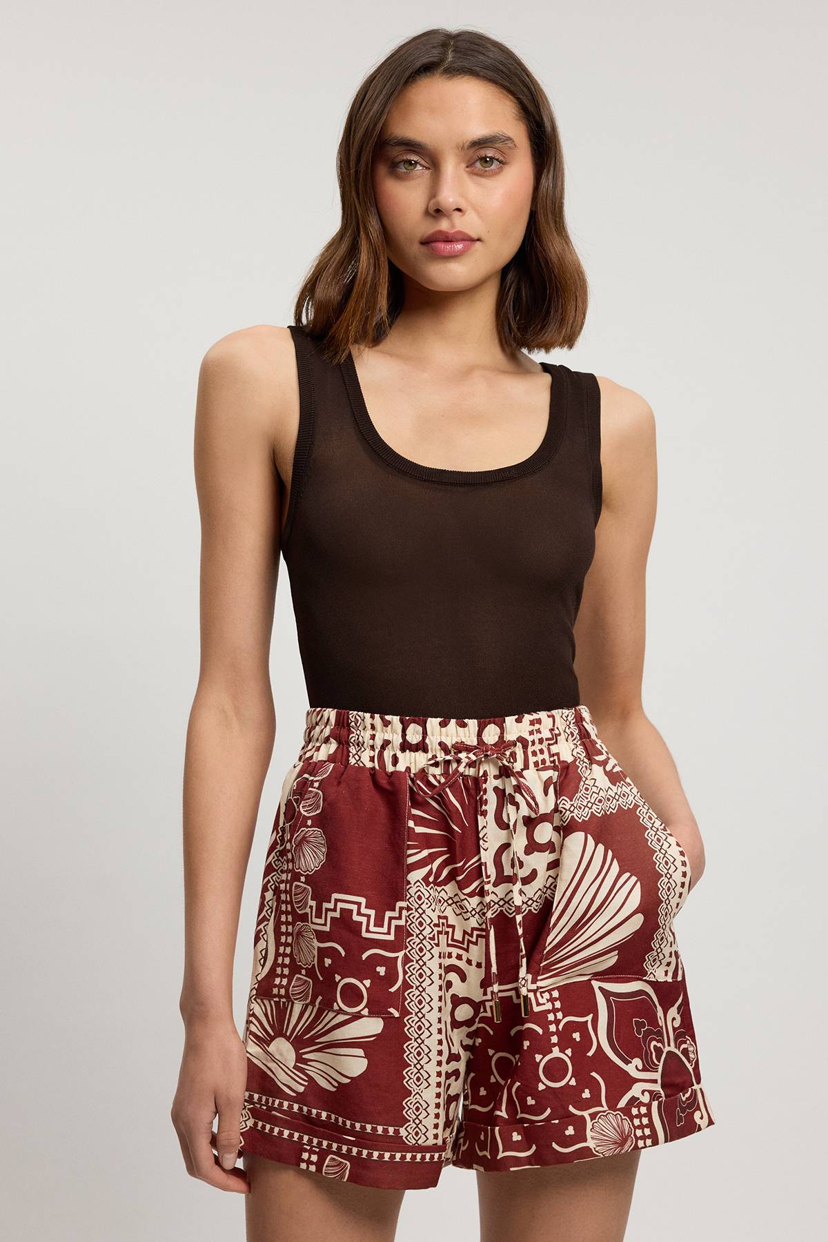 KarenMillen Short Tissé En Lin Viscose À Imprimé Carreaux