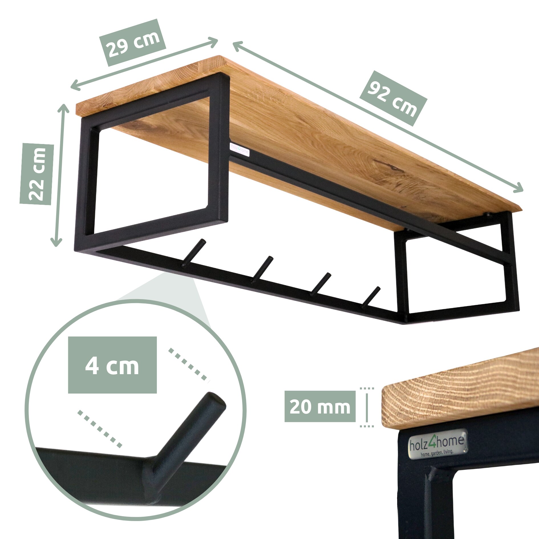 holz4home® Wandgarderobe mit Ablage aus Eiche und Metall - Kleidergarderobe Flur | mit Baumkante