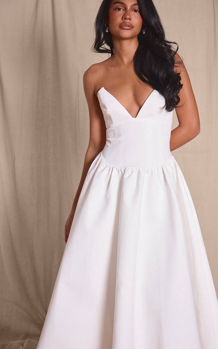 Blanc Robe Midi Patineuse Bustier À Buste Pointu En Tissu Tissé Premium