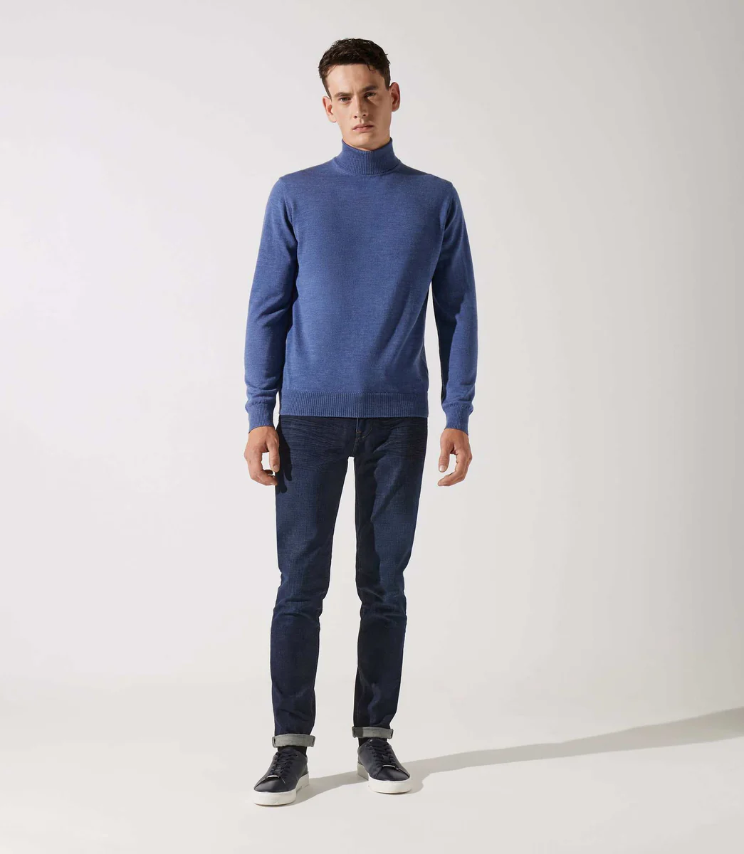 Pull col roulé indigo 100% mérinos