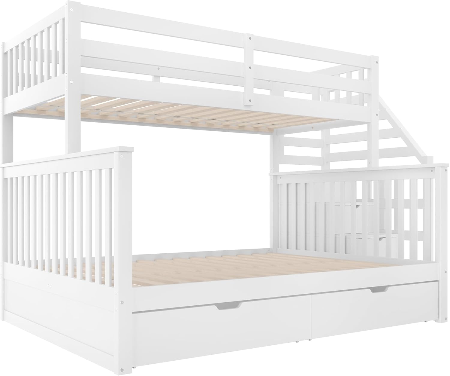 Hochbett Etagenbett 90x200cm+140x200cm mit Große Schubladen, Stauraumtreppe und Sicherheitszaun, Multifunktionsbett Kinderbett für 2 Kinder (Weiß-3)
