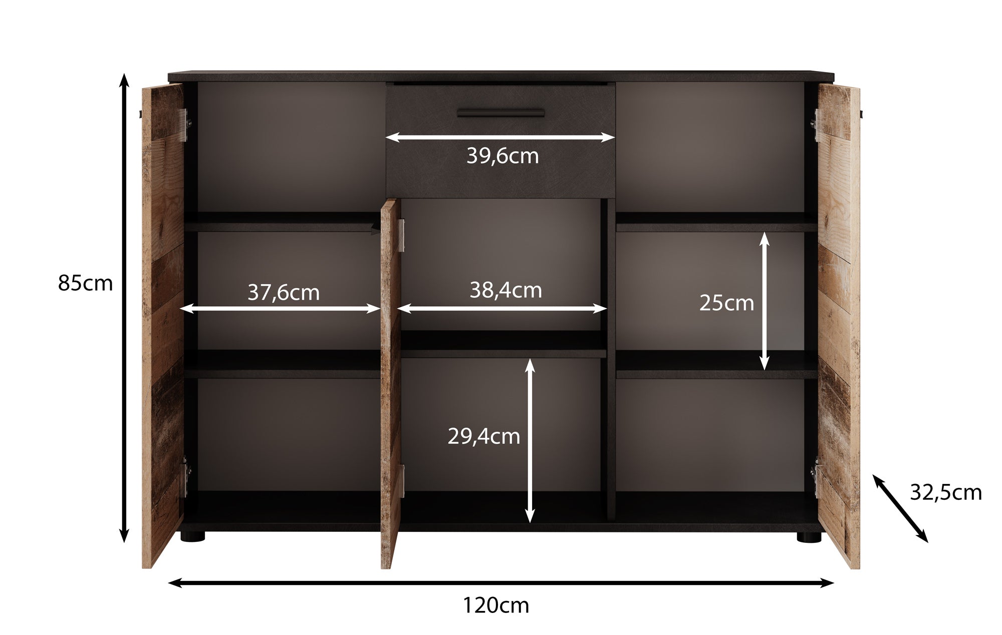 Bellini 2 - Dressoir - Donker/old wood - 120x33x85 cm