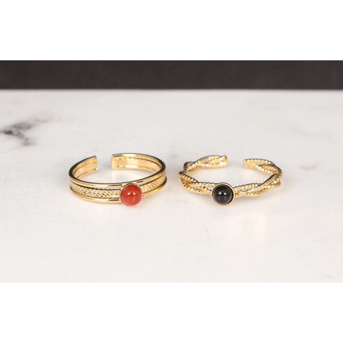 Bague ajustable pierres naturelles Cornaline raffinée dorée à  l'or fin 24K GAUFREE