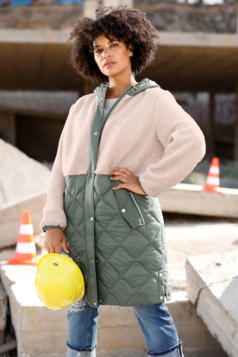 Steppjacke, Materialmix, Kapuze, Zipper, Seitenschlitze