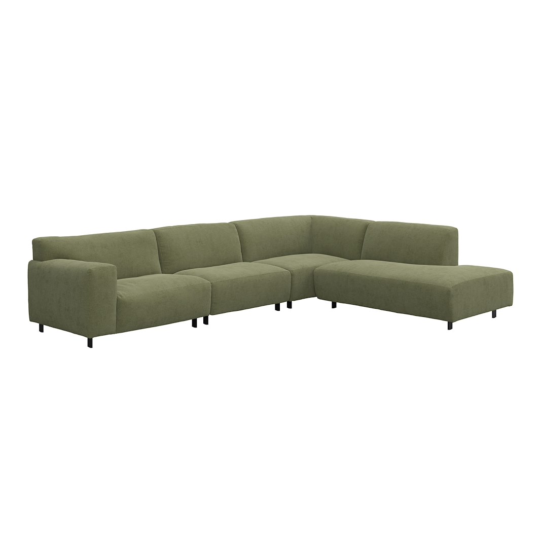 Vesta hjørnesofa 3-seter med åpen ende høyre, Big hjørnemodul, Tekstil Velvety Green, standardsøm, sort metallben 10 cm, Comfort CM