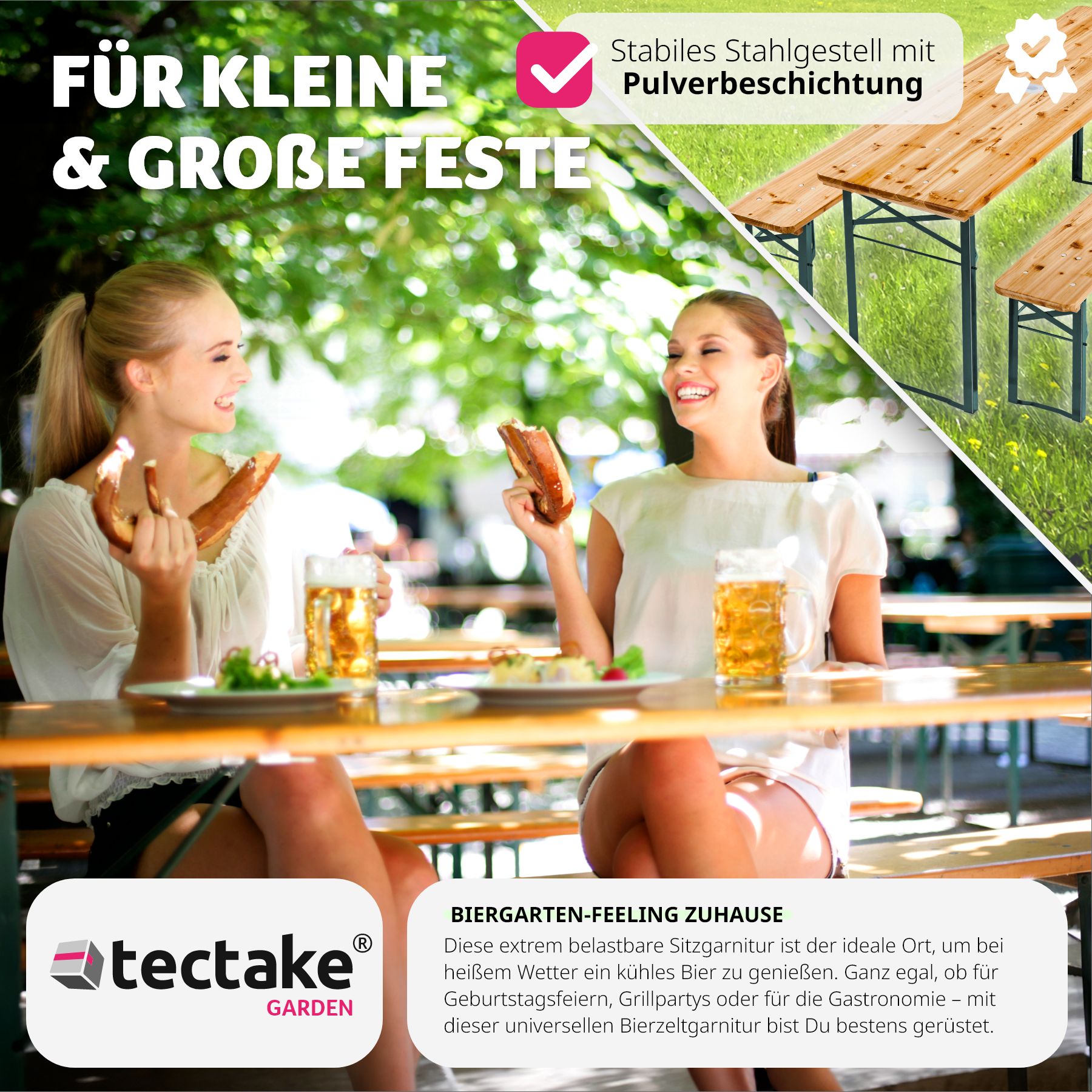 tectake® Bierzeltgarnitur, 3-teilig, belastbar, Holzlackierung mit Klarlack