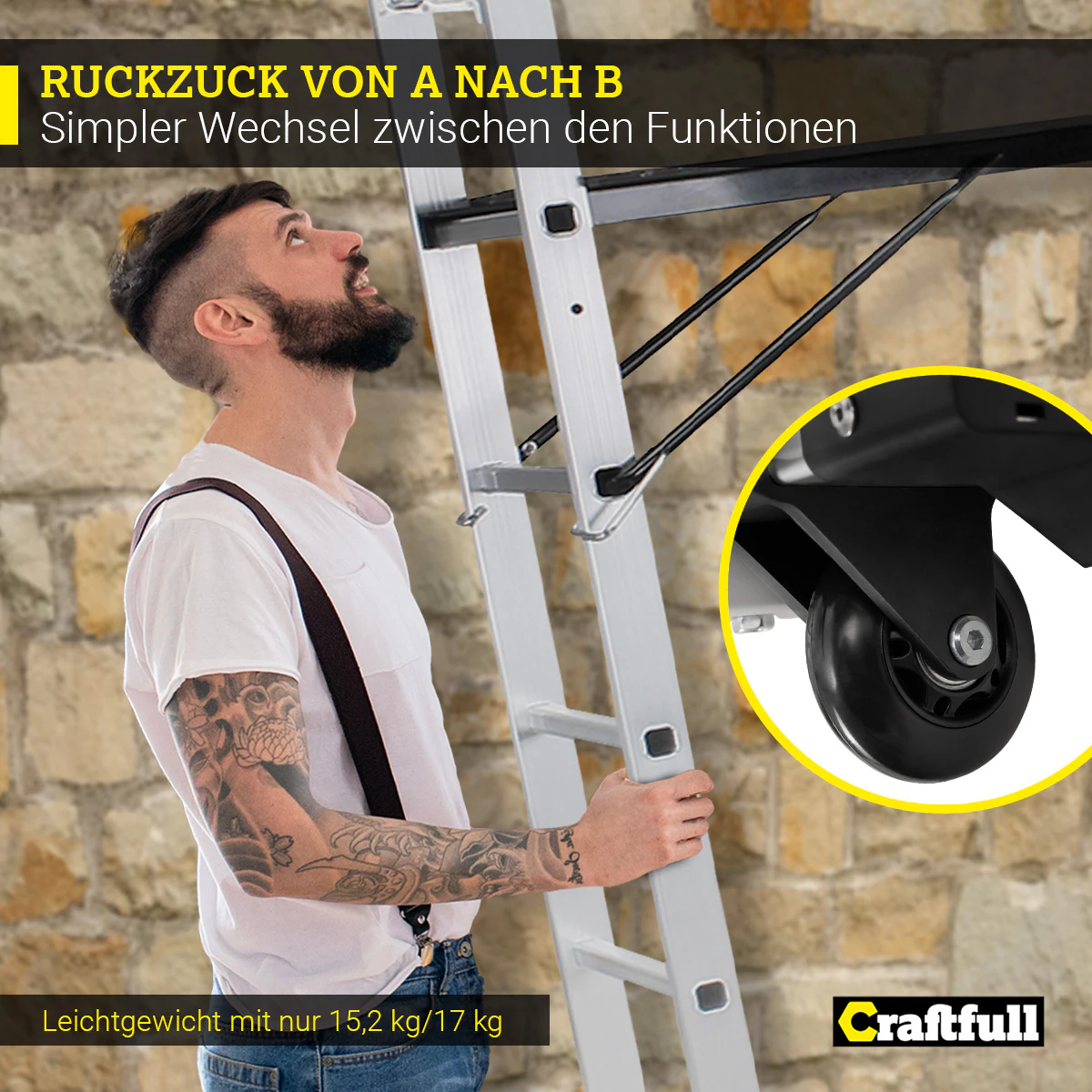 Craftfull Leitergerüst CF-103A, 4in1, Mehrzweckleiter aus Aluminium, Anti-Rutsch-Profil, bis 150 kg (1.95 Meter 7 Sprossen)