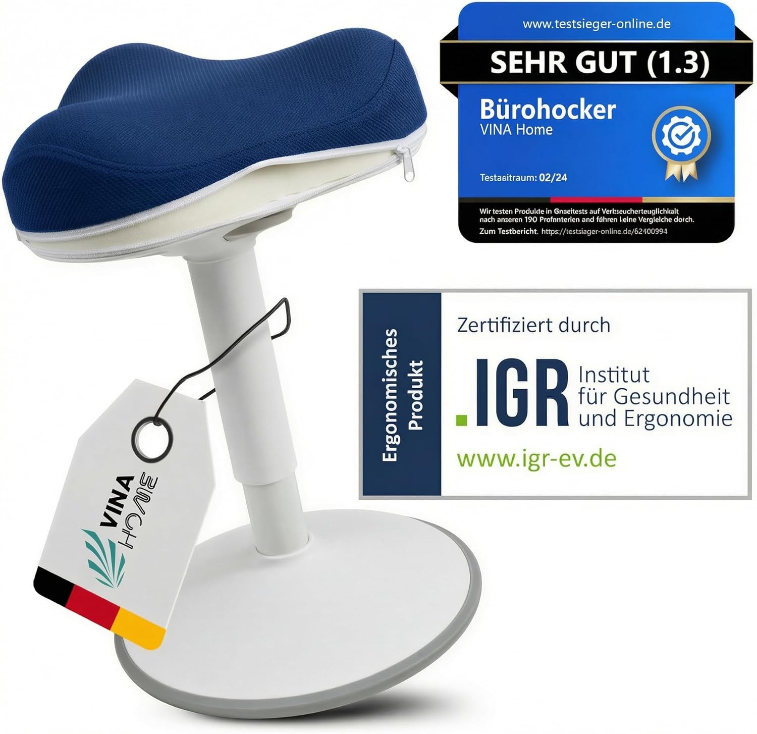 SH-01S Zip Ergonomischer Bürohocker mit abnehmbarem Zip-Bezug | Aktives Sitzen & Stabiler Schwingeffekt | Höhenverstellbar 47–65 cm (Marineblau)