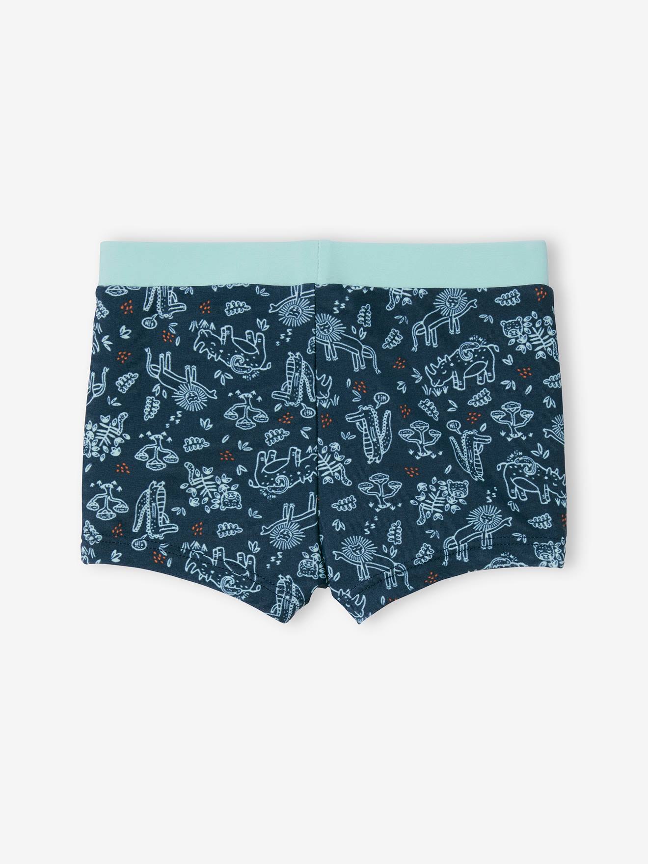 Calção de banho boxer azul escuro com estampa de dinossauro para bebê menino