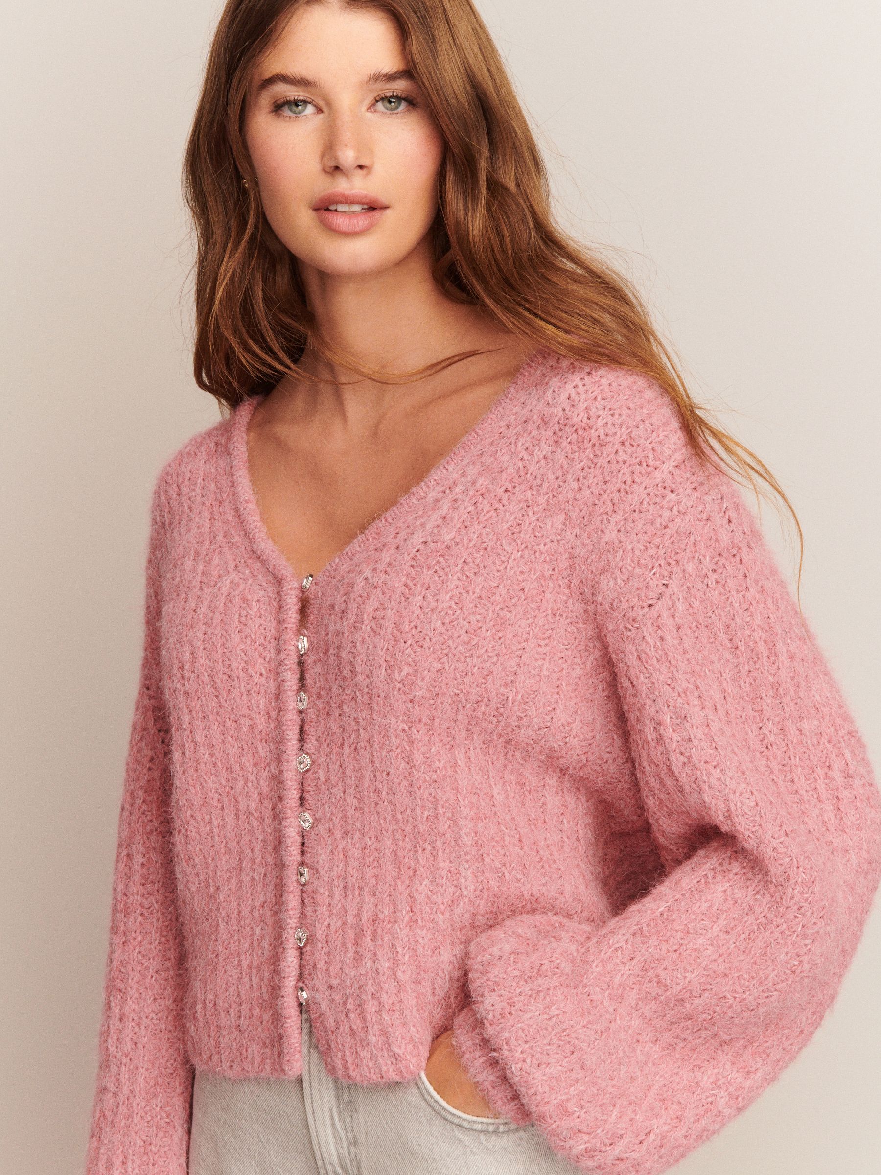 Lichtroze - Gem Button Relaxed Cardigan With Wool