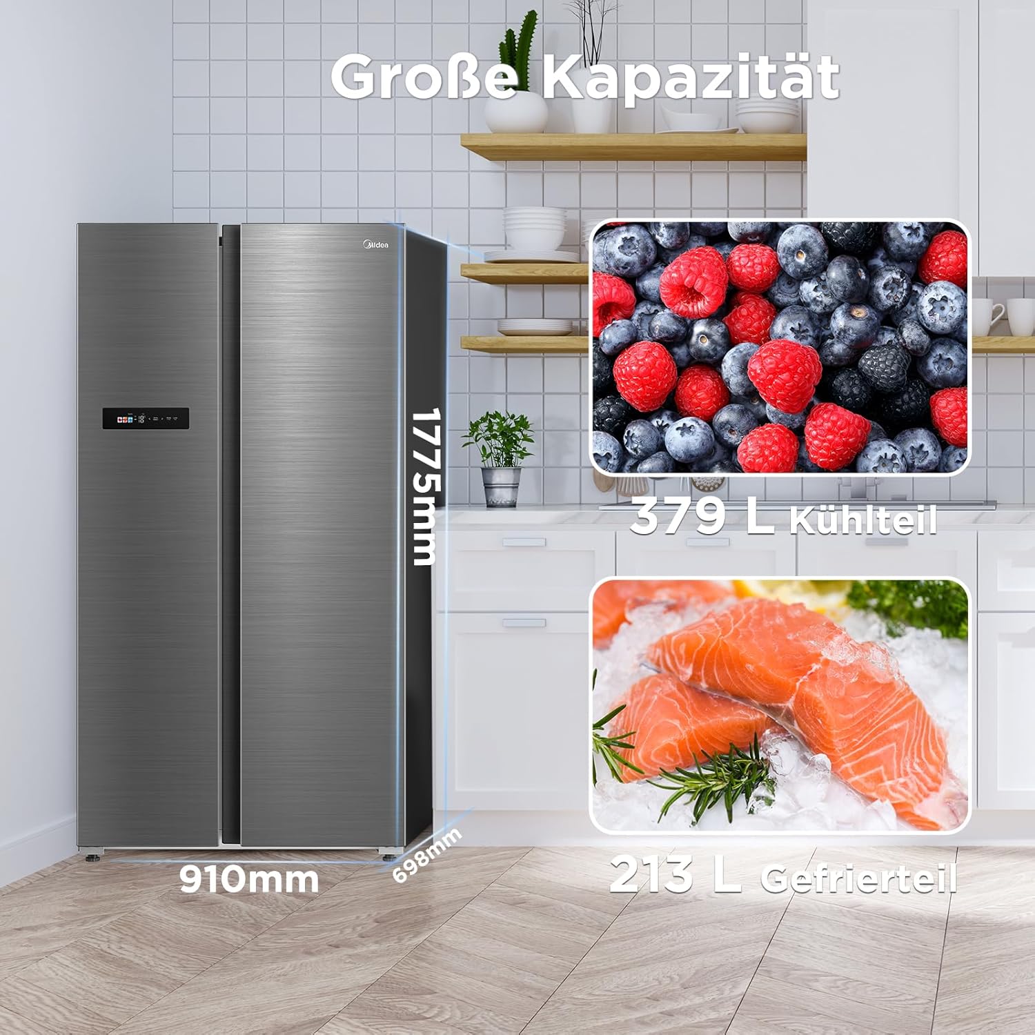 Midea MDRS791MIC46 Side-by-Side Kühlschrank mit No-Frost & WiFi | 592L, 177,5 cm Hoch, Inverter-Technologie, Multi-Air-Flow & Humidity Control | SuperCool & 37dB