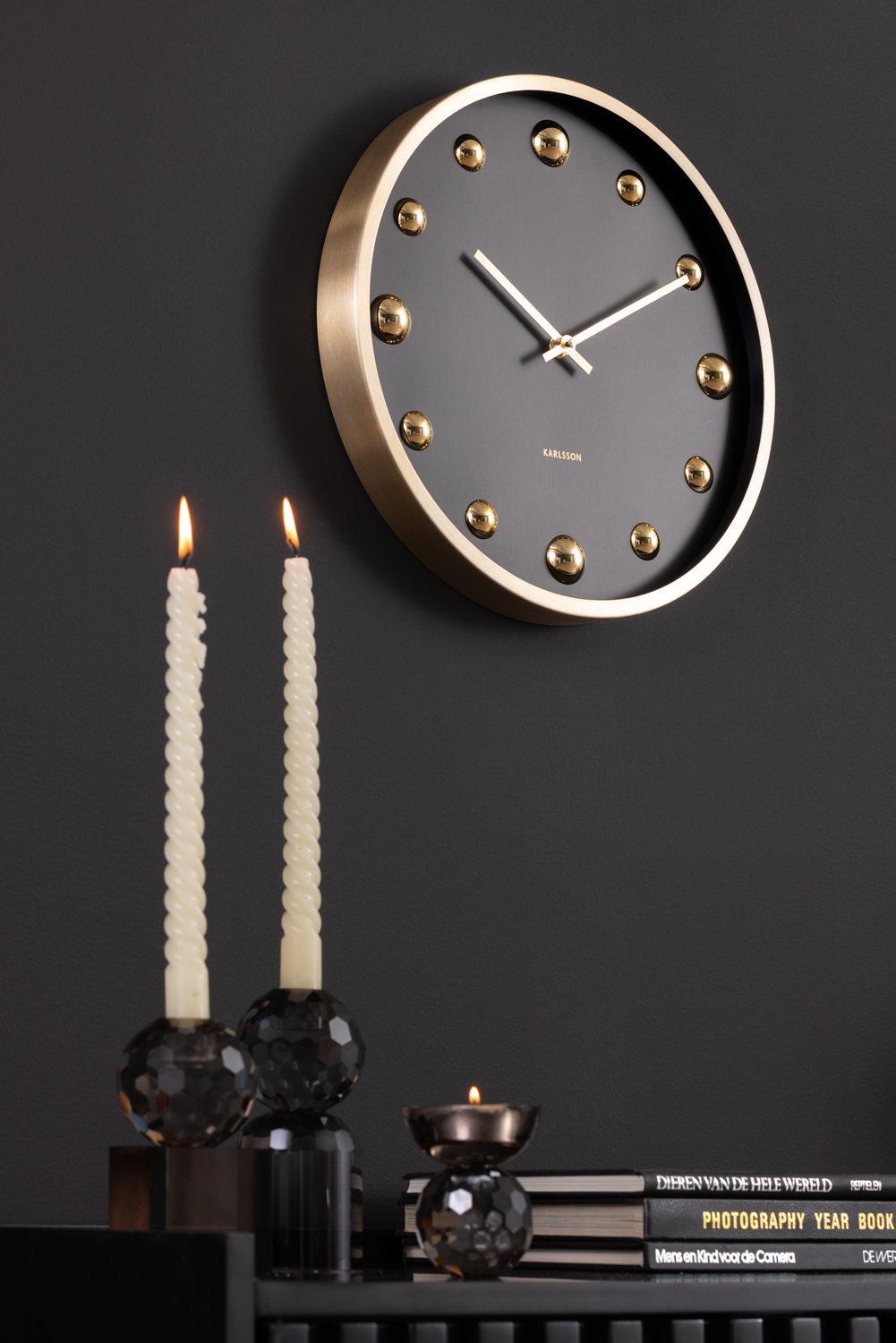 Wall clock Shiny Dots black w. gold