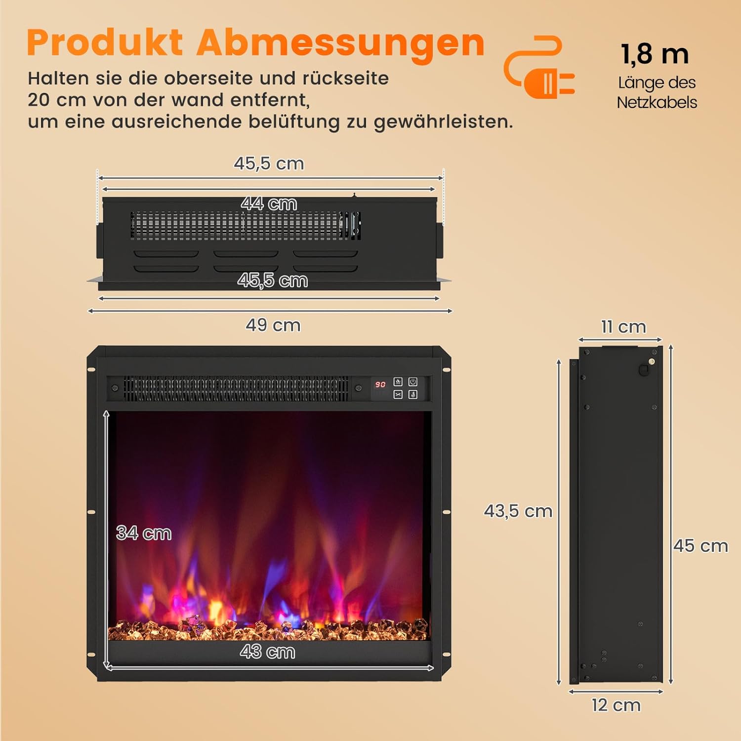 COSTWAY Elektrokamin mit Heizung 1500W, Einbaukamin mit Fernbedienung, 0,5-9H Timer, einstellbare 3D-Flammeneffekt, Wandkamin mit 17℃-32℃ Thermostat (49 x 12 x 45 cm, 18 Zoll)