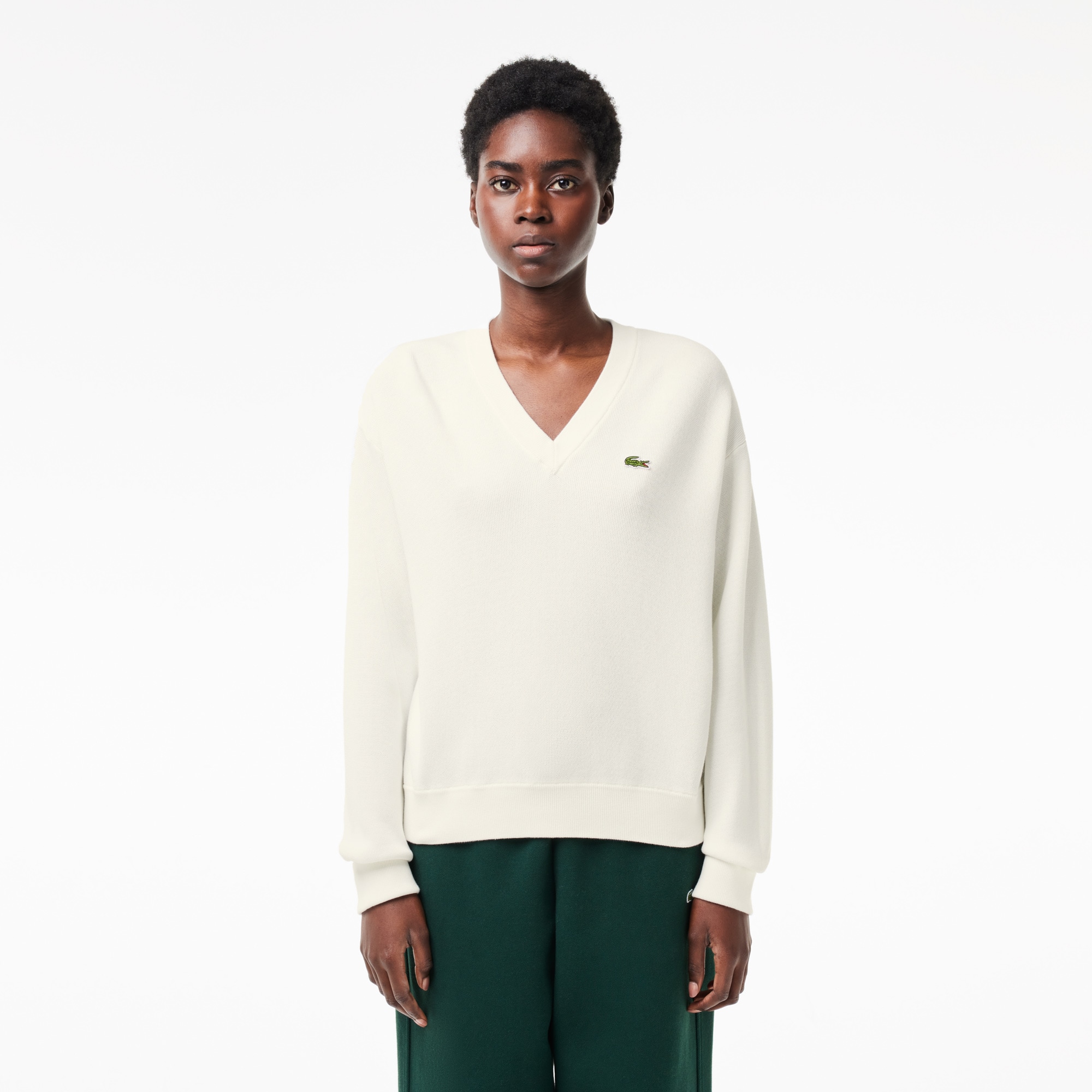 Pull col V femme Lacoste en coton biologique Pullovers - Blanc - Lacoste - Femme
