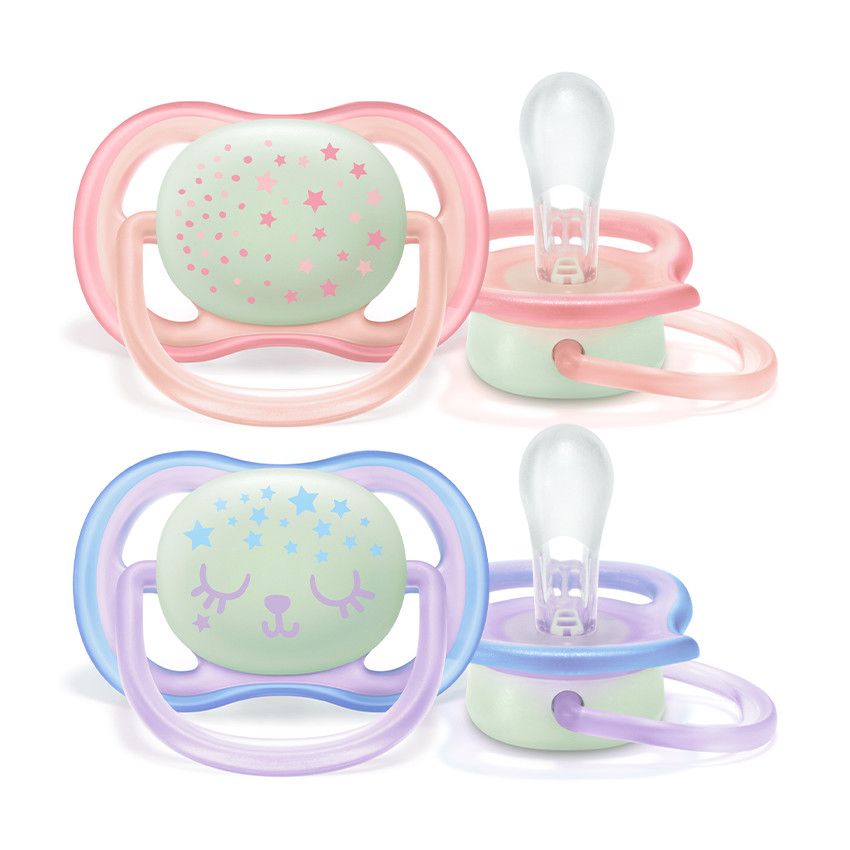 Lot de 2 sucettes phosphorescentes Ultra Air Night 0-6M - Bleu/Vert ou Rose/Violet - Ecru