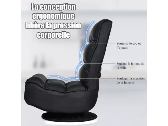 Chaise de Sol Pliable et Réglable en 5 Positions, Chaise Pivotante et Convertible Rembourrée Confortable, Fauteuil Salon Relax Sol Idéale pour Lire, Regarder la Télévision ou Jouer (Noir)