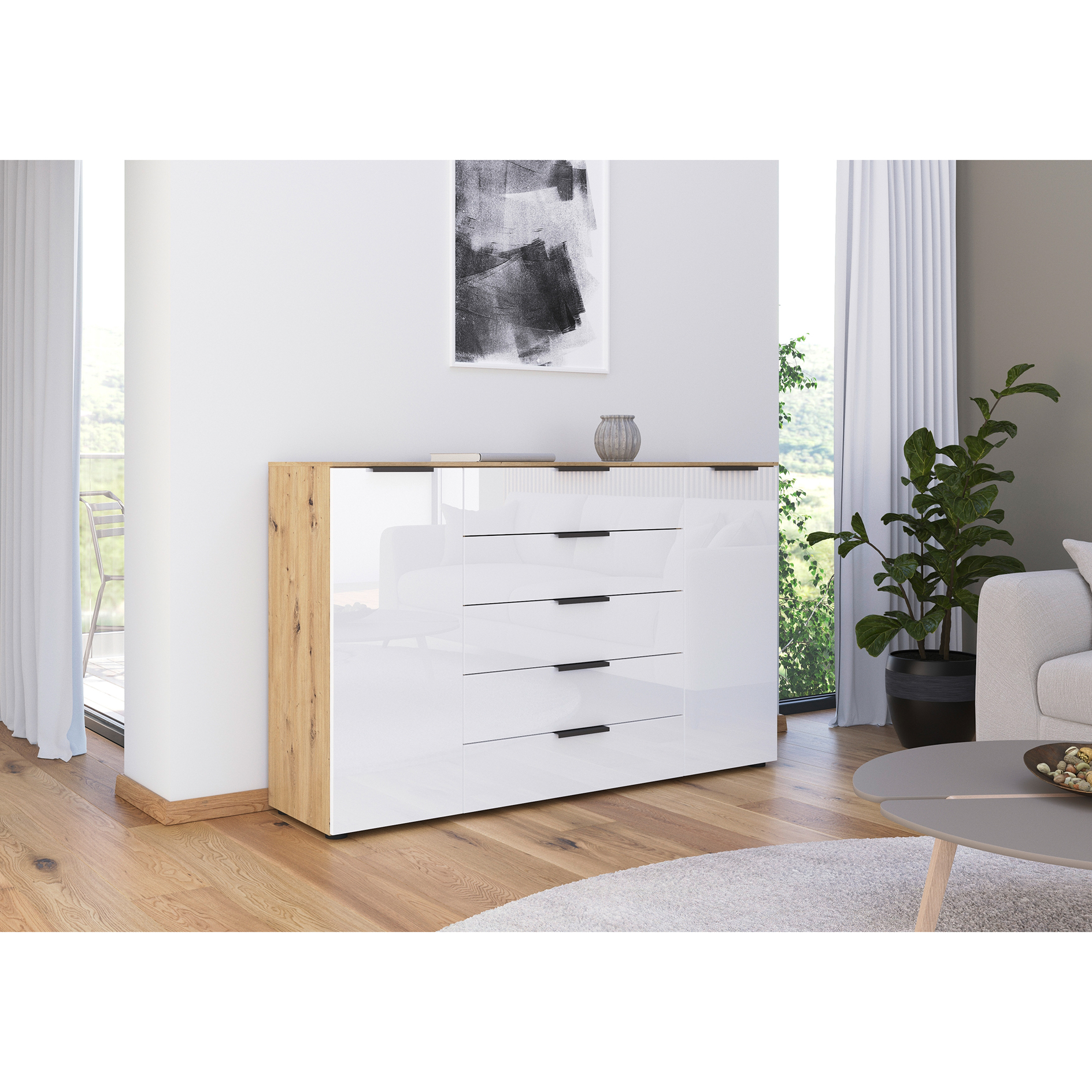 Kommode - Artisan Eiche-Kristallweißglas - Graphitgriffe - 160 cm