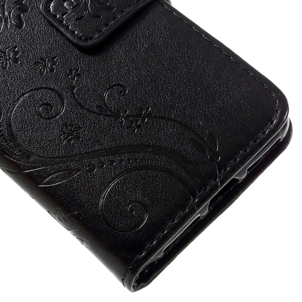 iPhone SE (2022/2020) / 8 / 7 Leder Tasche mit Kartenfach   Handschlaufe Butterfly Flowers - Schwarz