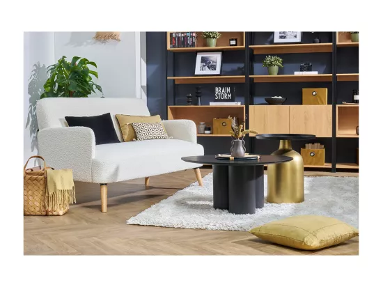 Canapé scandinave 2 places en tissu effet laine bouclée blanc et bois clair ISKO