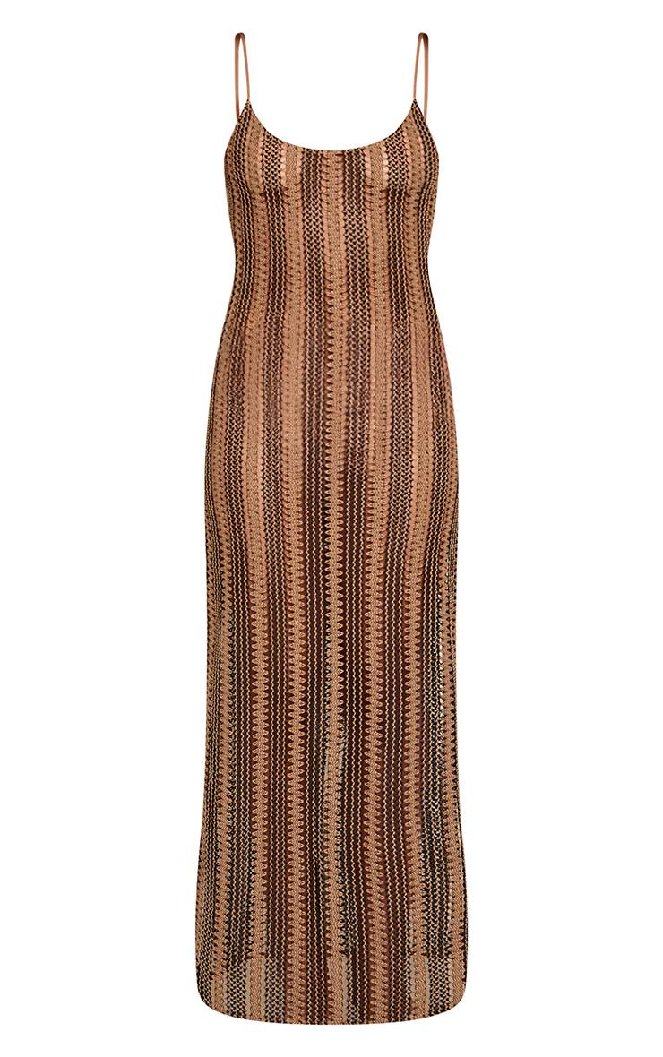 Marron Robe Longue Moulante À Col Rond Et Rayures Texturées