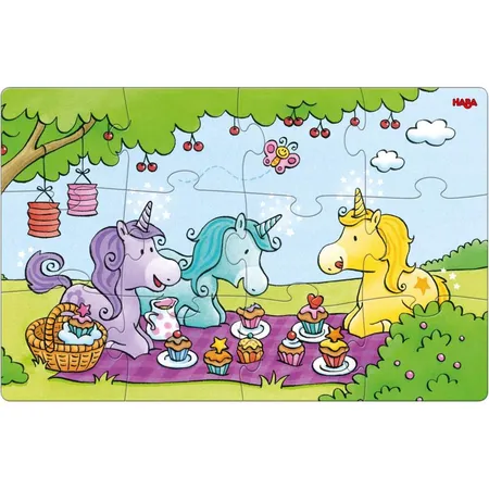 HABA 306164 Puzzles Einhorn Glitzerglück Rosalie & Friends, 2 x 12 Teile