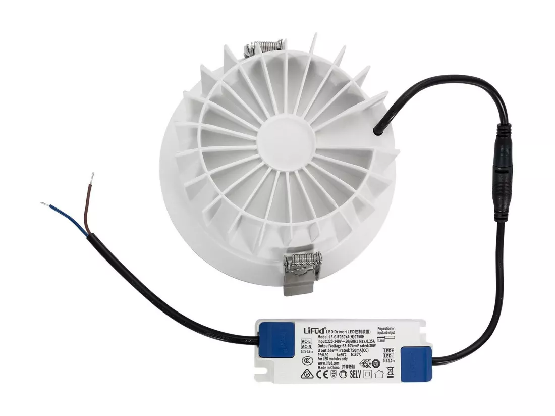 Downlight LED 30W Rond Premium CRI90 LIFUD Coupe Ø 145 mm 2700K Blanc chaud