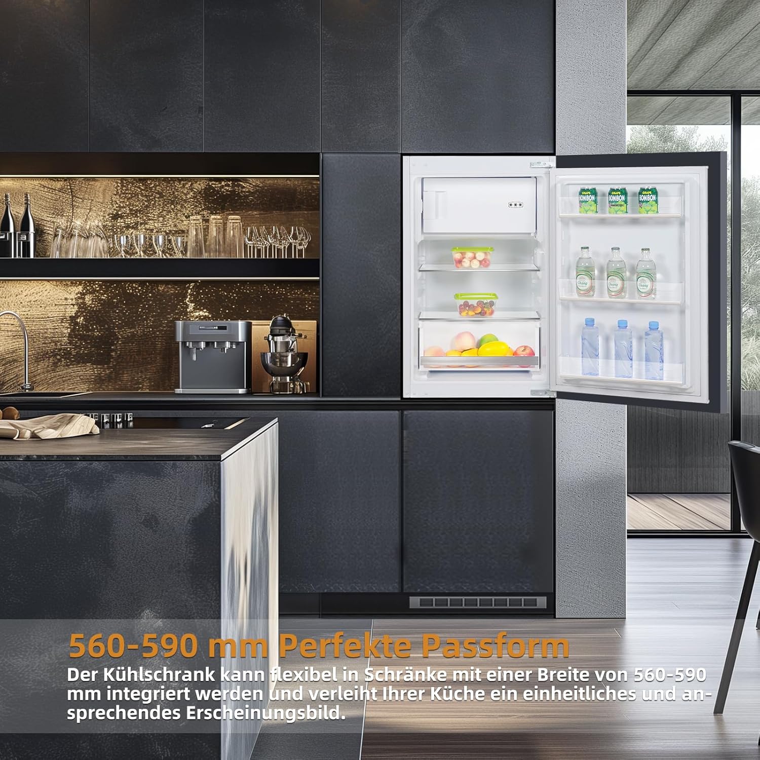 magictec MSR118BI Einbau-Kühlschrank mit Gefrierfach | 118L (102L/16L) | Temperaturregelung | 88 cm Nische | Kühl-Gefrier-Kombination mit wechselbaren Türsc