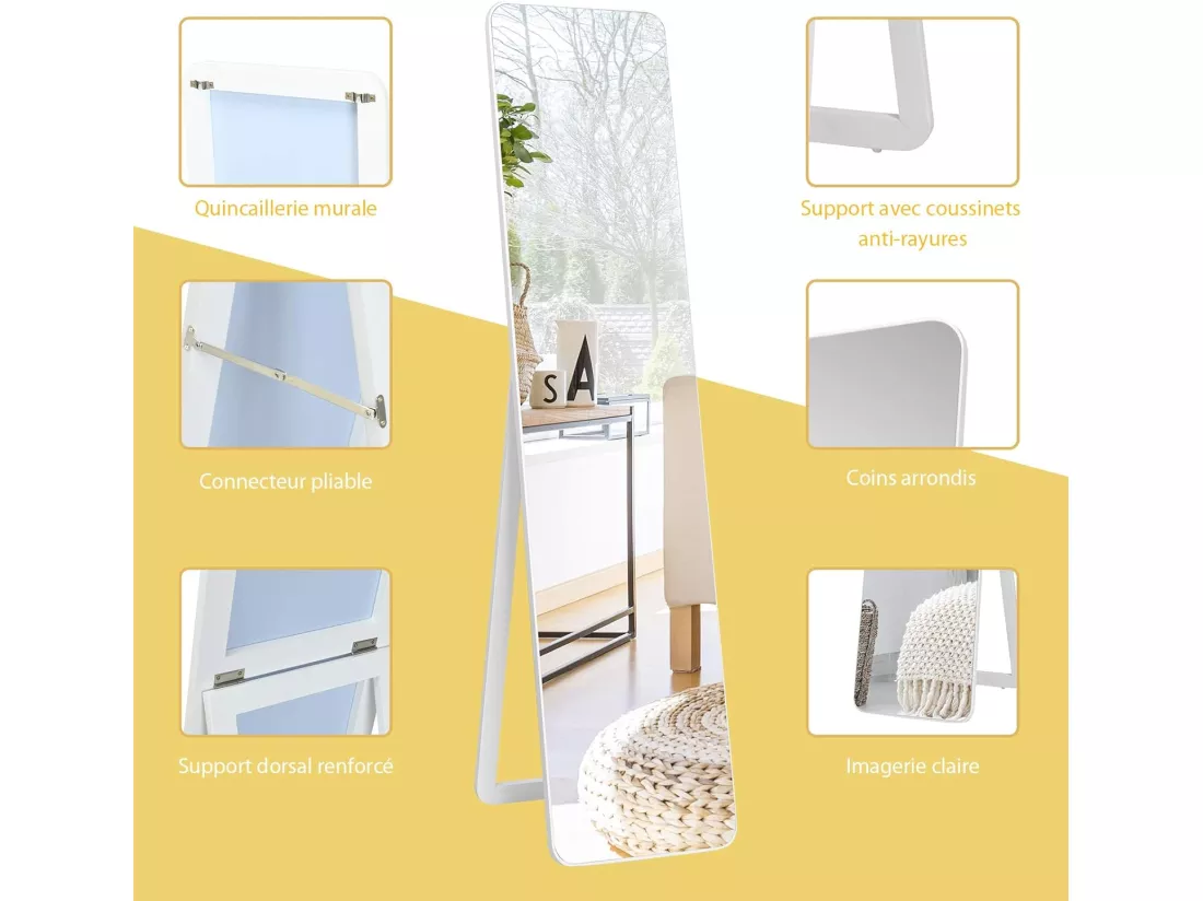 Miroir sur Pied Rectangulaire, Miroir Mural en Style Contemporain, Bord Rond, pour Chambre, Salon, Salle de Bain, 160 x 37cm, Blanc