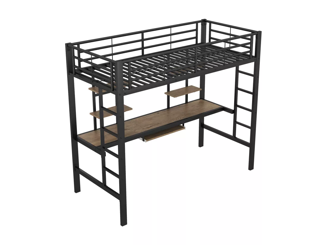 Lit mezzanine 90 x 200 cm avec bureau et 2 étagères pour enfants - métal et bois - noir + chêne