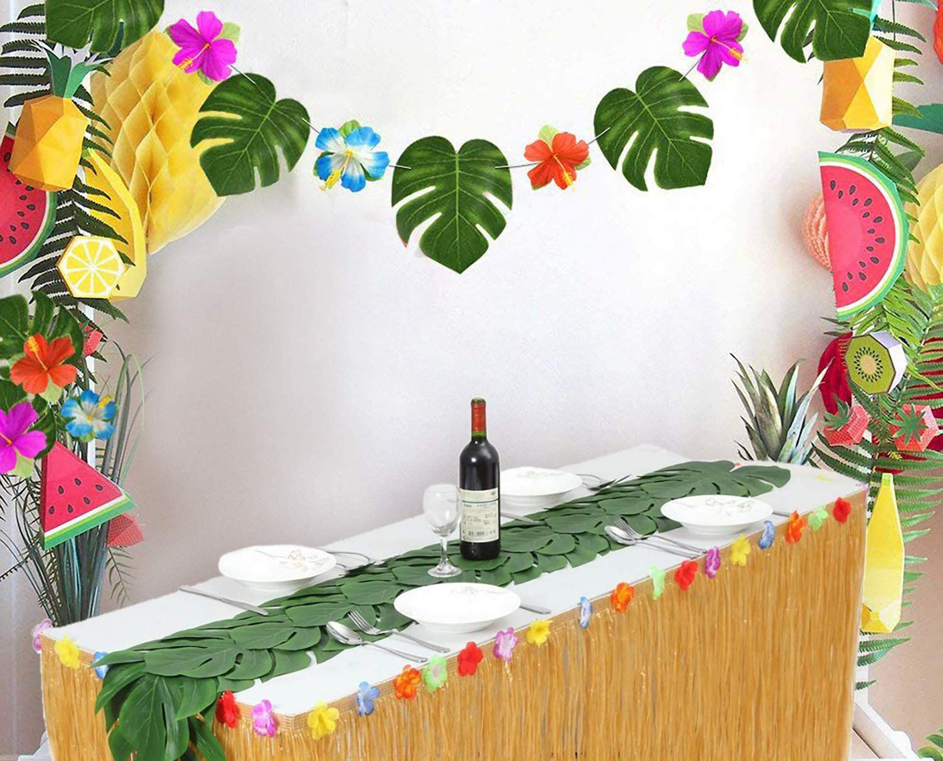 (51-tlg. Set) Deko Kunstblätter Sommer Party Tisch Deko Palmenblätter / Hibiskusblüten - Tropical Hawaii