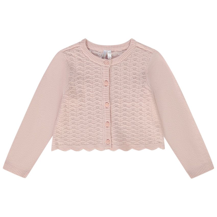 Gilet court en tricot ajouré pour bébé fille - Rose
