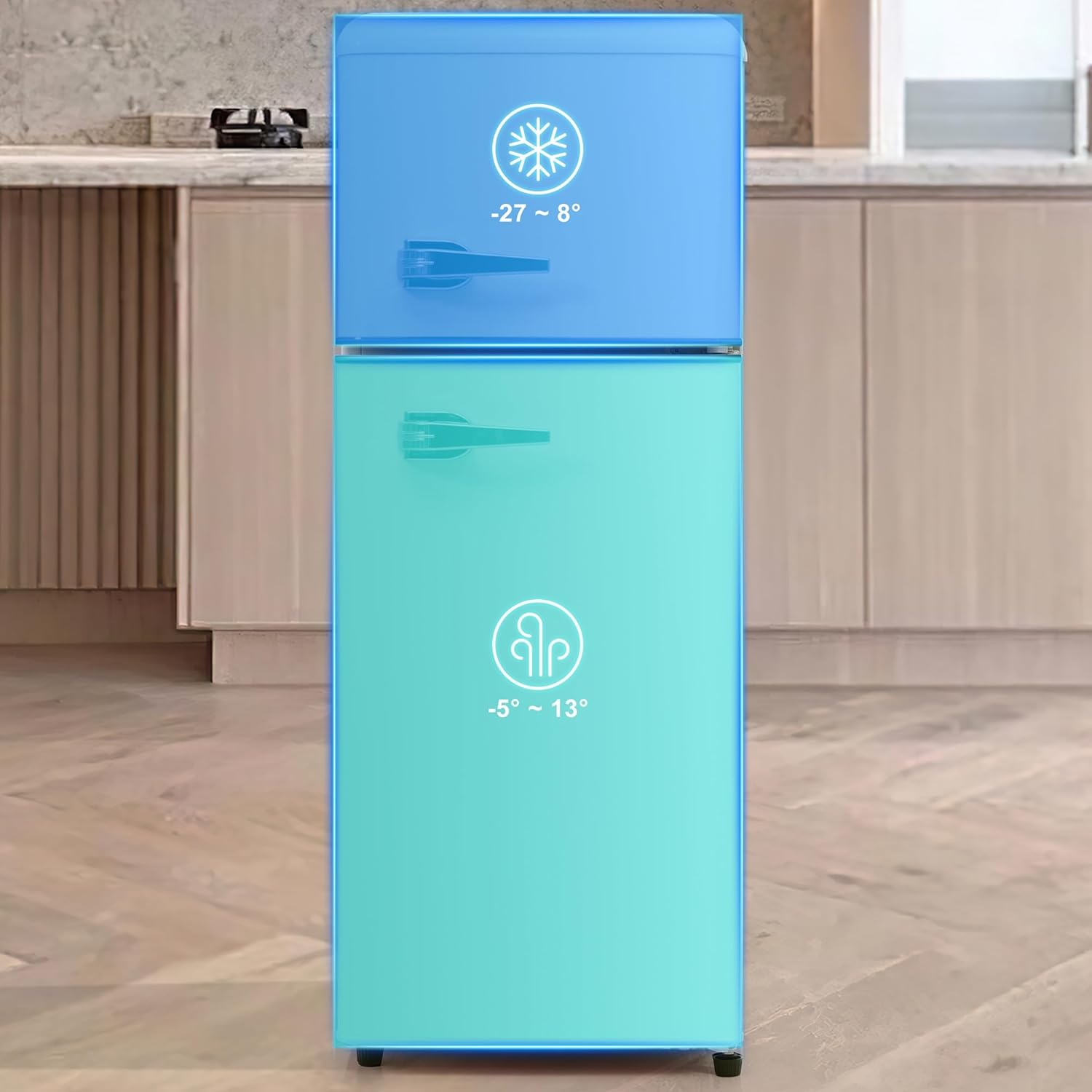 Retro-Kühlschrank, Kühlschrank mit Gefrierfach Klein, 92 Liter 105.5 cm Hoch, 41 cm Breit, Zweitürig, 28 Liter Gefriervolumen, 181 kWh/Jah