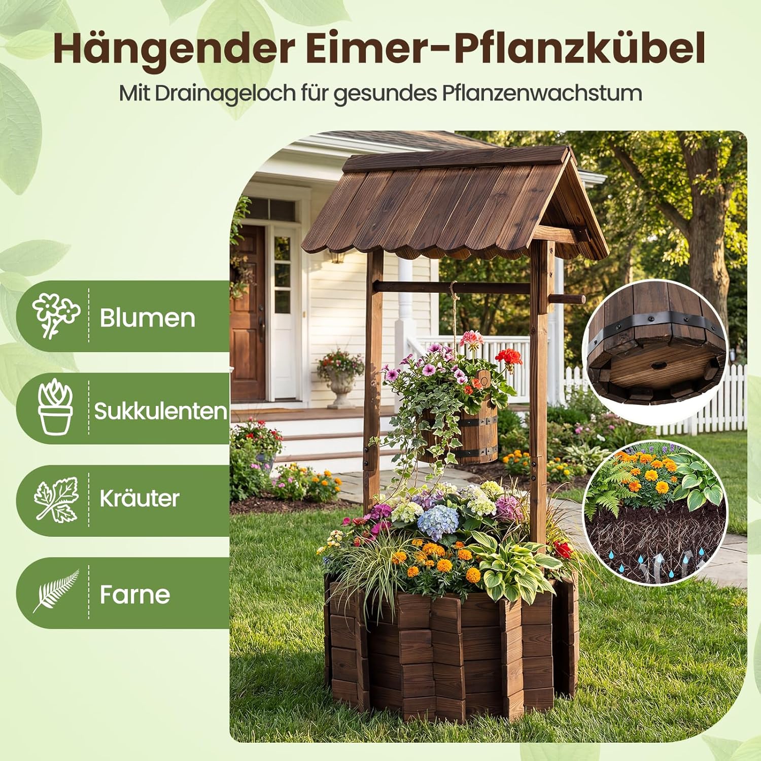 COSTWAY Holzbrunnen mit Dach, Wunschbrunnen Garten, Blumenkübel Dekobrunnen Blumentopf, Dekoration für Draußen Veranda, Zierbrunnen Brunnen Gartenbrunnen, 56 x 56 x 119 cm, Braun