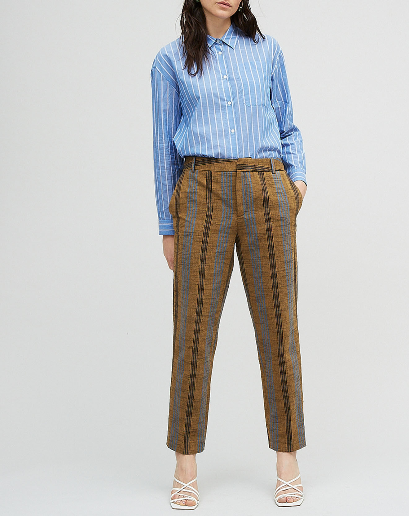 Chloé Stora Pantalon en Coton & Lin rayé Pavel marron
