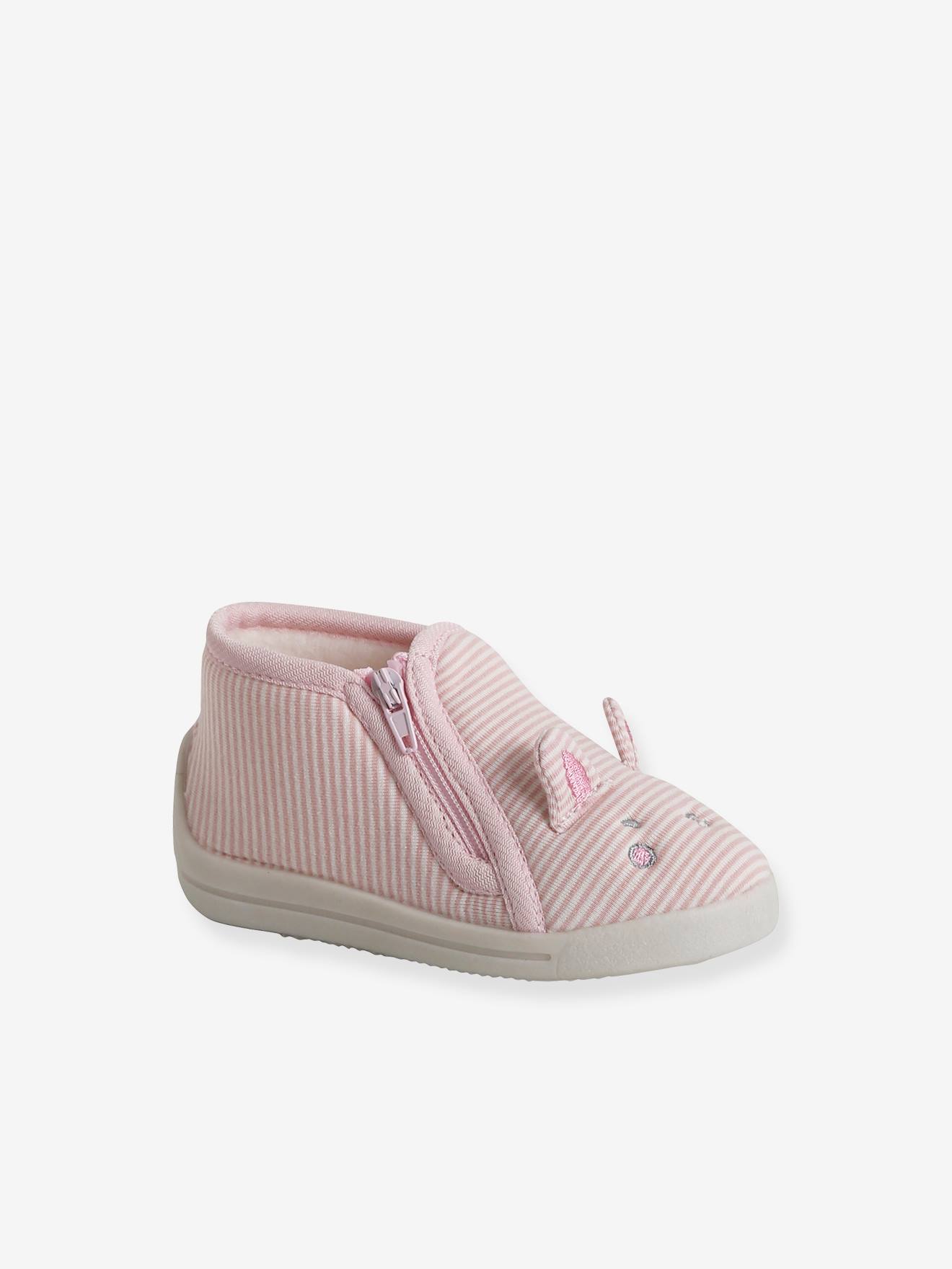 Pantufas de casa de lona listrada rosa para bebê com zíper.