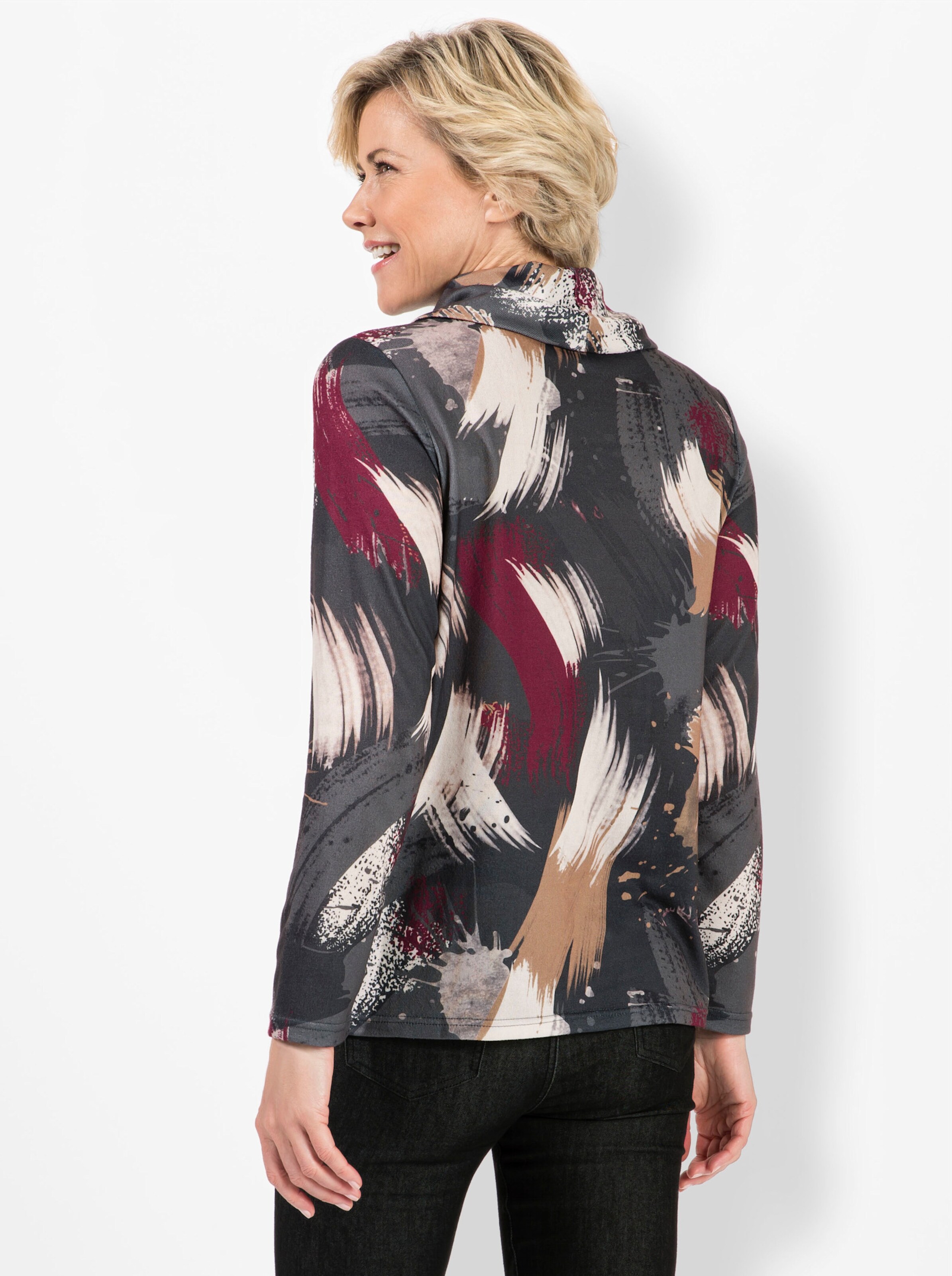 Rollkragenshirt in bordeaux-camel-bedruckt