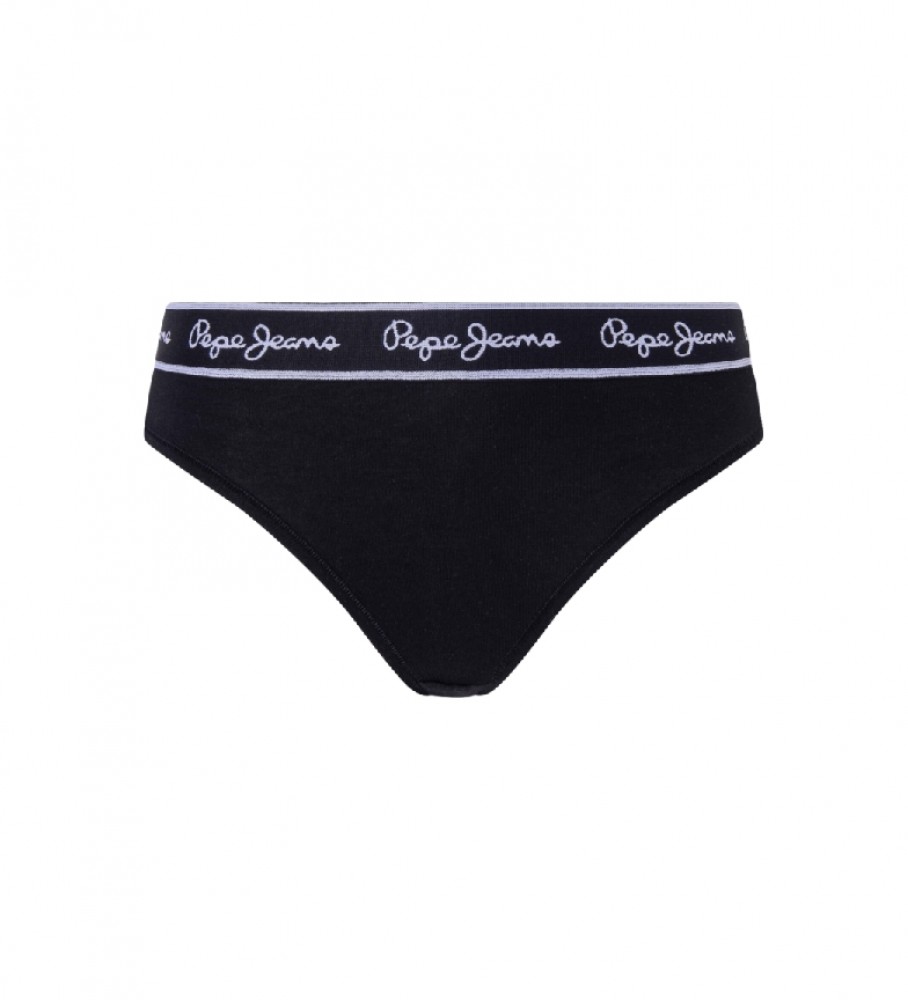 Calcinha fio dental clássica Pepe Jeans preta com logo estampado