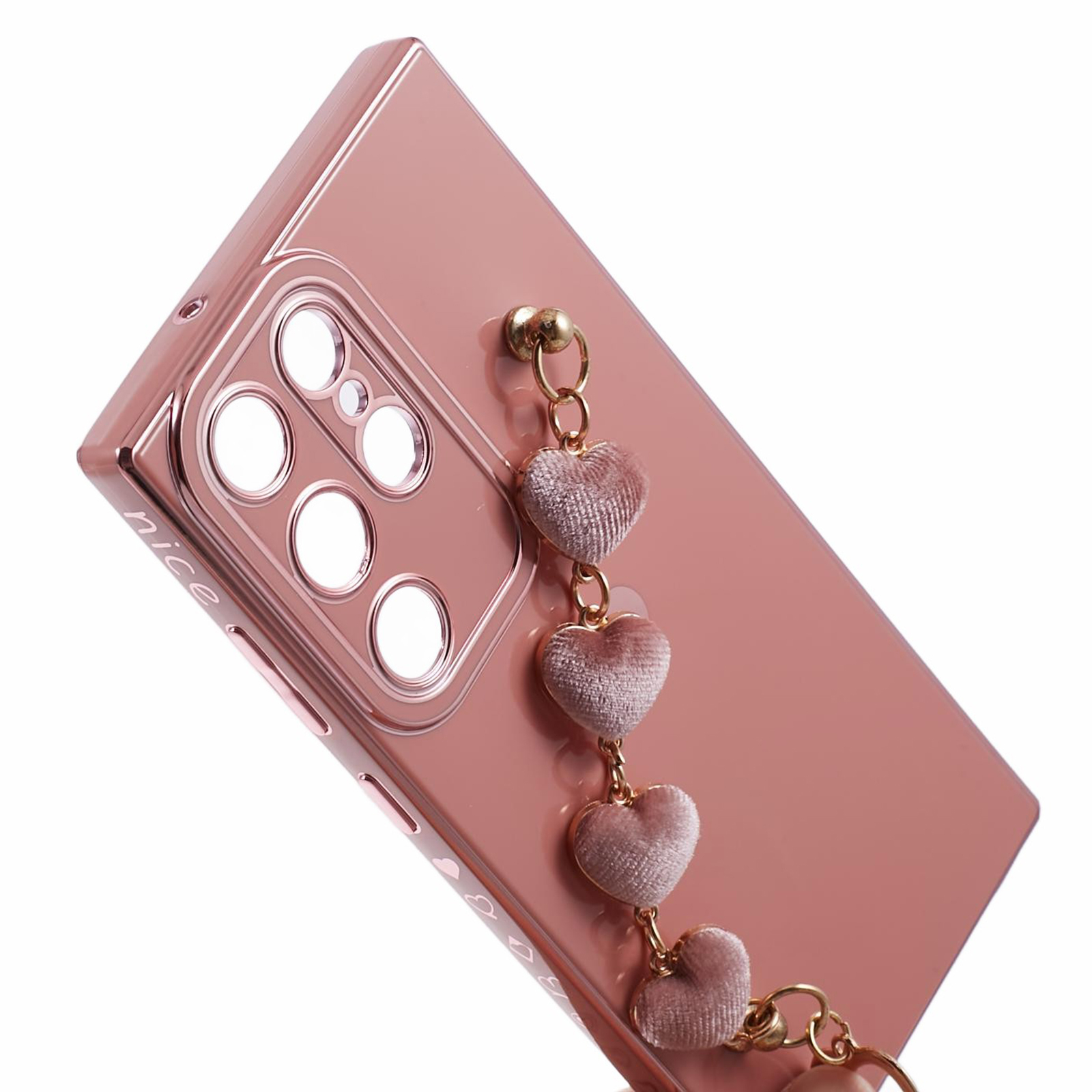 Samsung Galaxy S23 Ultra 5G Gummi Hülle mit Plüsch Herz Kette Handschlaufe   Kameraschutz - Rosa / Gold