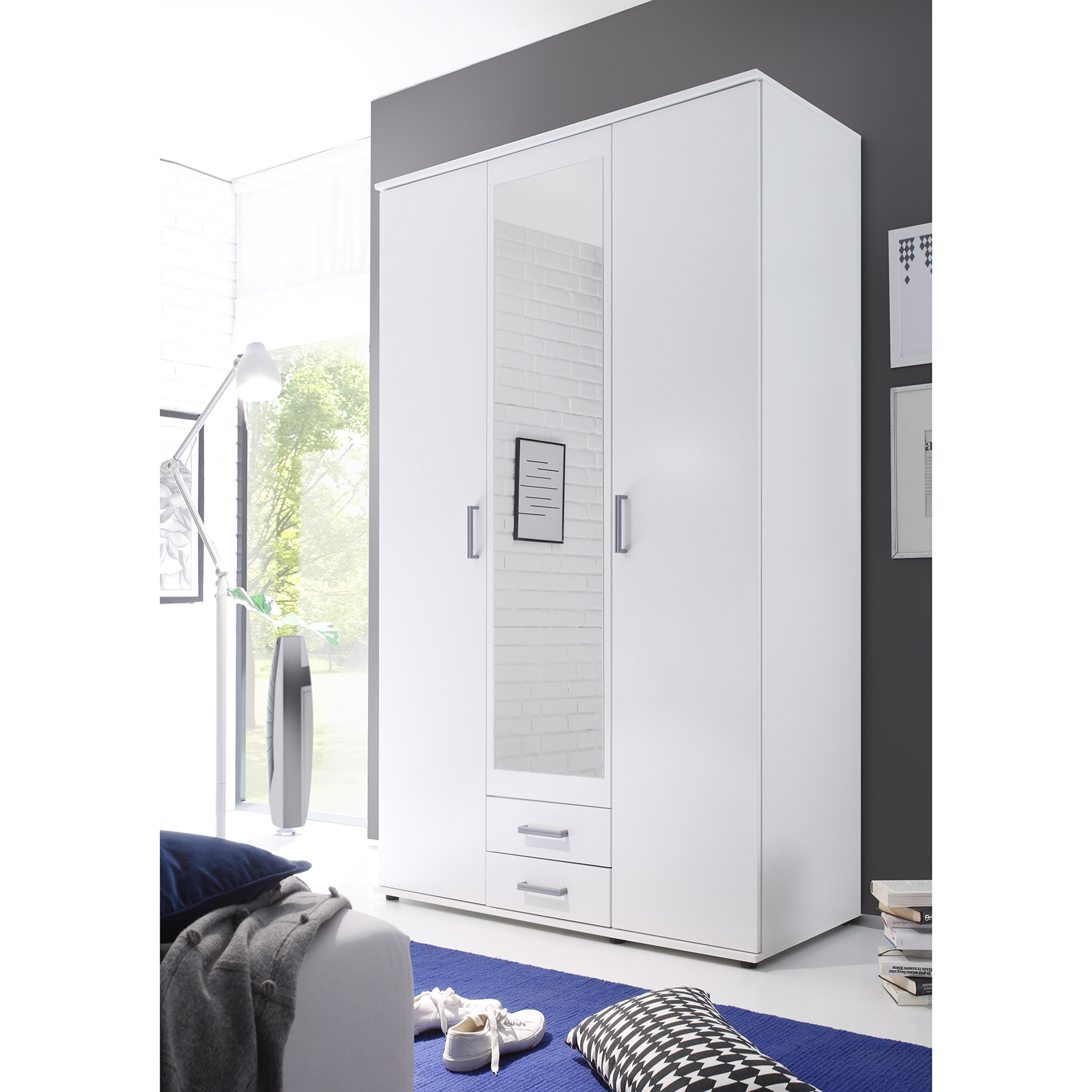 Drehtürenschrank - weiß - Spiegel - 195 cm