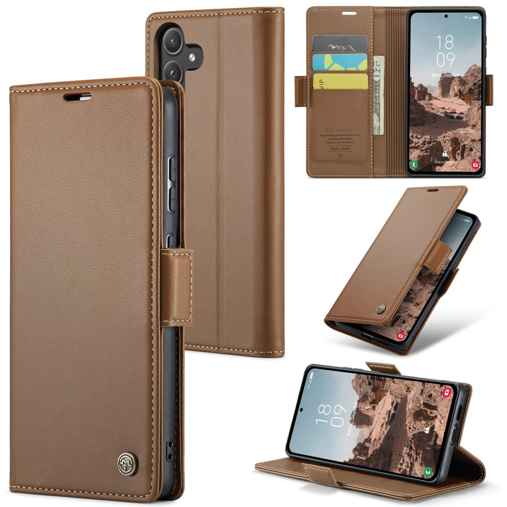 Samsung Galaxy A55 Leder Tasche Flip Wallet Etui mit Kartenfächern Litchi Look (RFID Schutz) - Braun