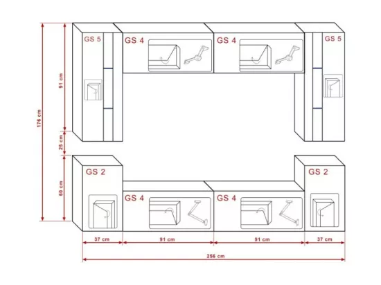 Ensemble de meubles de salon noir suspendus collection CEPTO XXIV. 256cm, 8 meubles, leds, modulables.