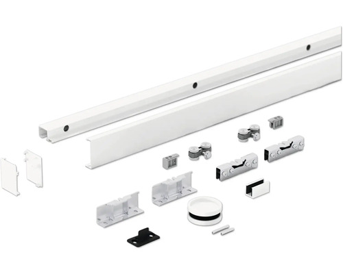 Pertura Selir schuifdeurbeslag, wit gepoedercoat, voor houten/glazen deuren, L: 2m, inclusief verzonken handgreep en soft-close mechanisme.
