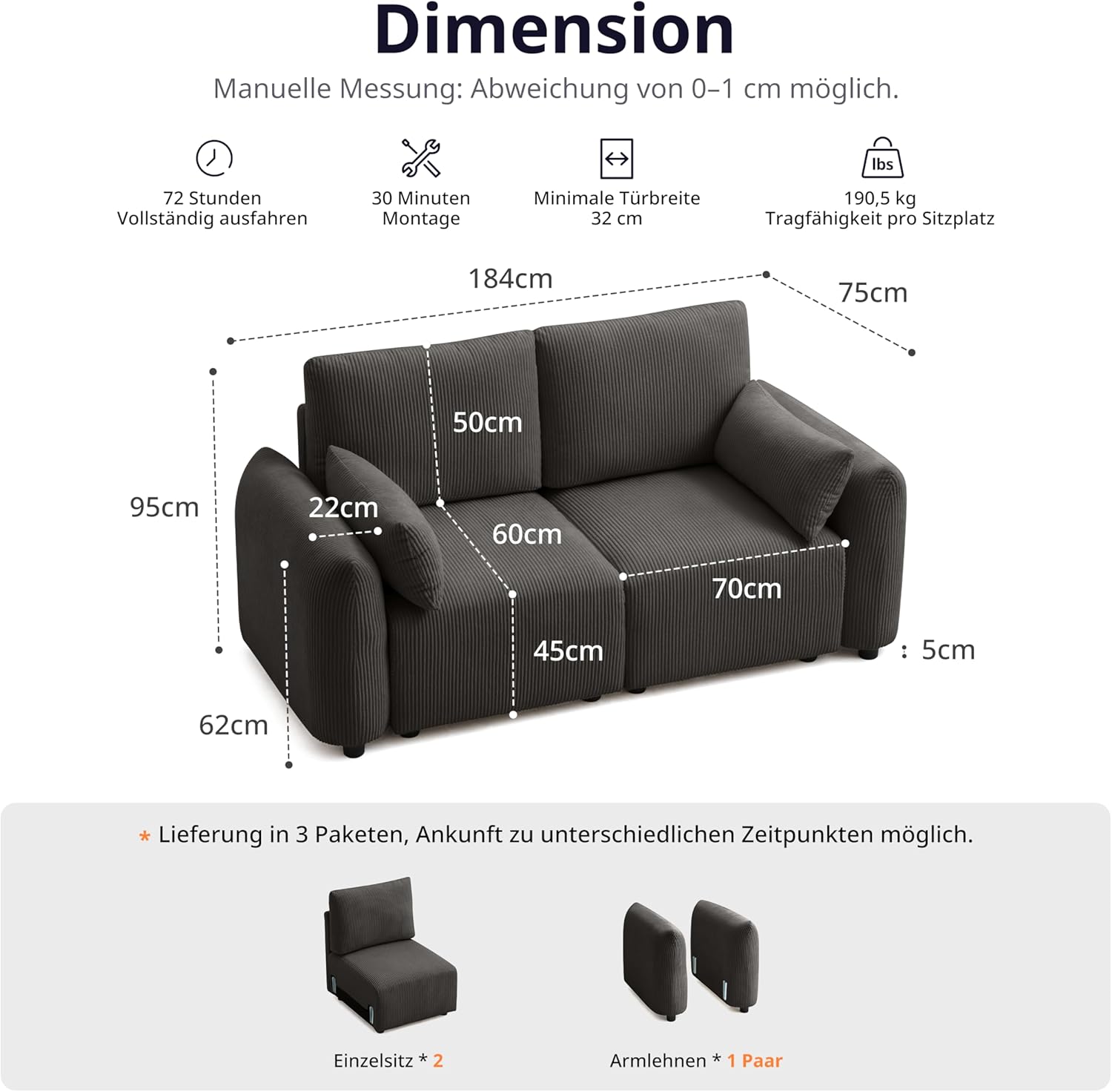 2 Sitzer Cord Kleine Sofas für Kleine Räume, Modulares Ecksofa 184cm, Individuell konfigurierbare Wohnlandschaft, hochdichter Memory-Schaum, abnehmbare & waschbare Kissenbezüge, Grau