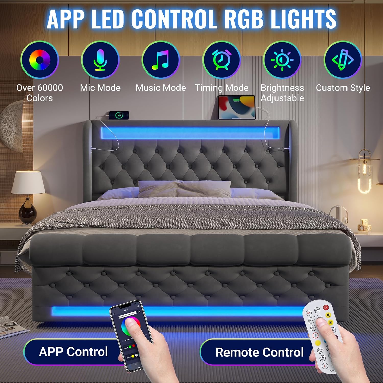 Polsterbett 140x200 cm, Doppelbett mit LED-Leuchten, Kopfteil mit USB- und Typ-C-Anschlüssen, Hydraulisches Stauraumbett, für Jugendliche und Erwachsene, Samt, Grau (Ohne Matratze) SK2623696
