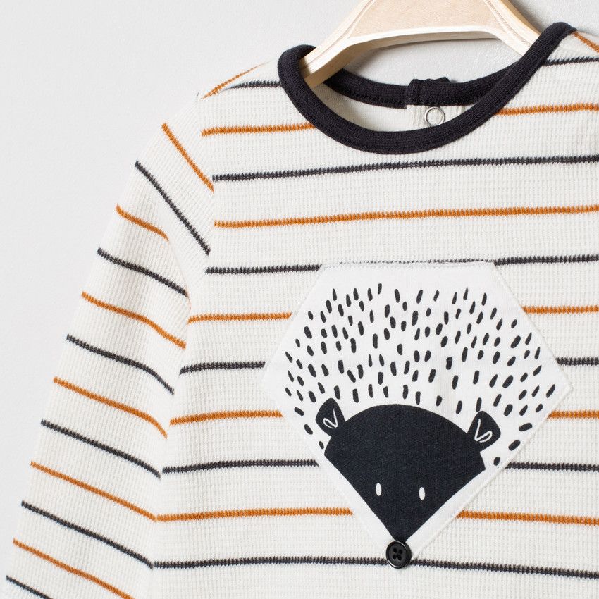 T-shirt manches longues en maille à rayures et motif hérisson - Ecru