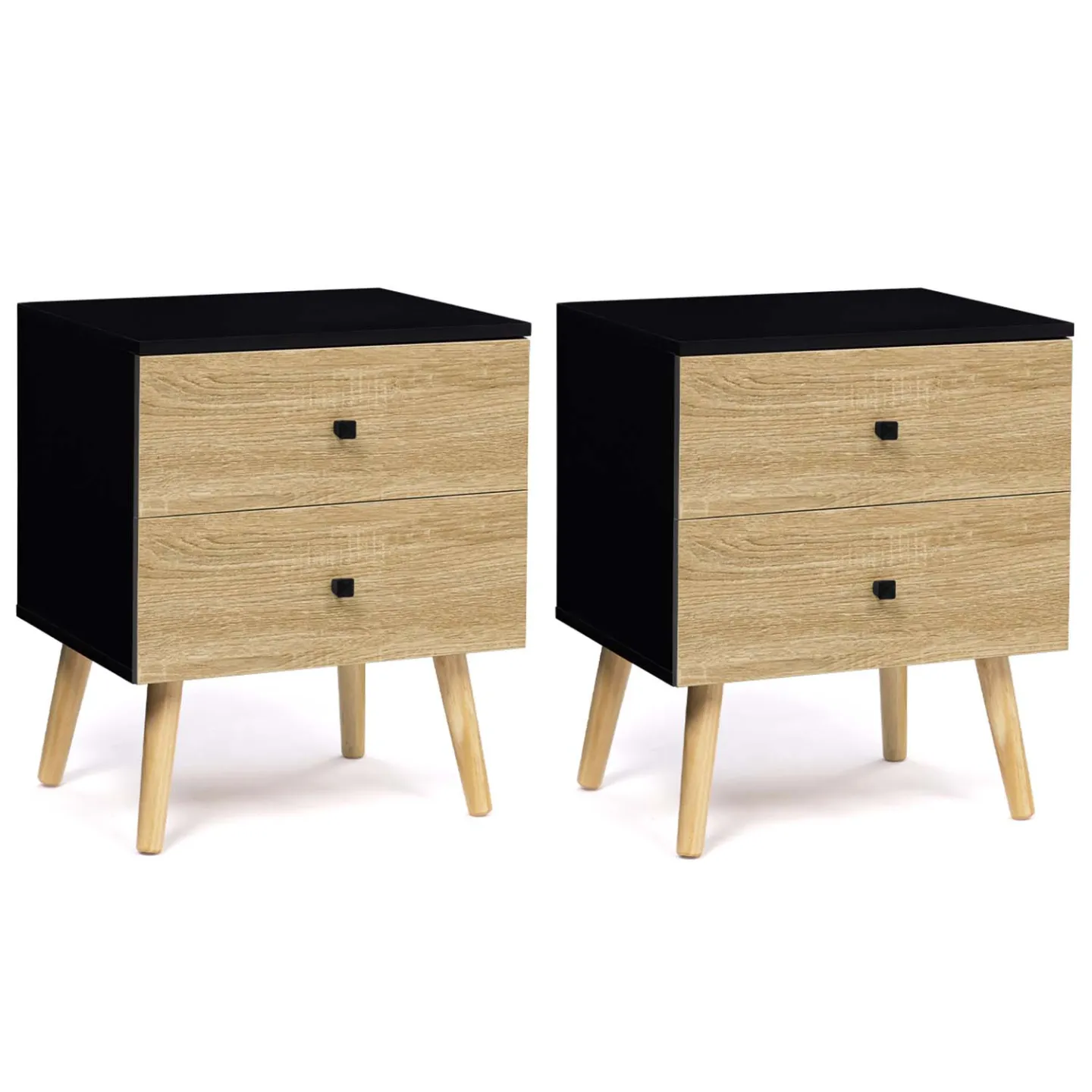 Lot de 2 tables de chevet EMMIE scandinaves 2 tiroirs noir et hêtre